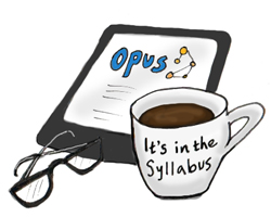 a coffee cup, glasses, and an ipad showing Opus